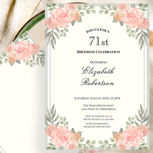 Peach and Sage Green Floral 71st Birthday Invitation