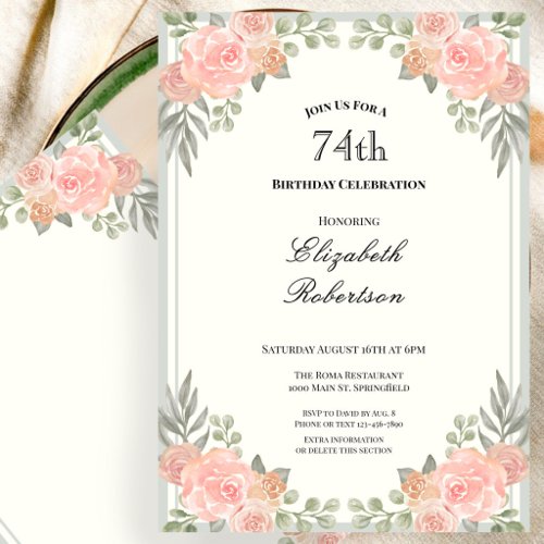 Peach and Sage Green Floral 74th Birthday Invitation