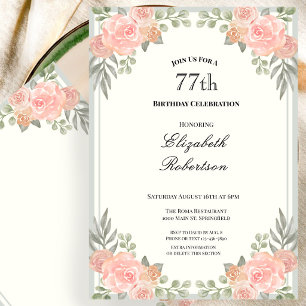 Peach and Sage Green Floral 77th Birthday Invitation