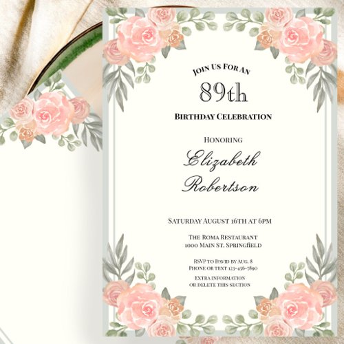 Peach and Sage Green Floral 89th Birthday Invitation