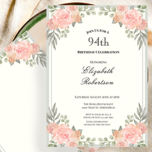 Peach and Sage Green Floral 94th Birthday Invitation