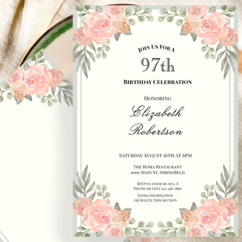 Peach and Sage Green Floral 97th Birthday Invitation