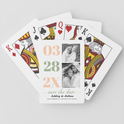 Peach and sage green two photo Save the Date Poker Cards
