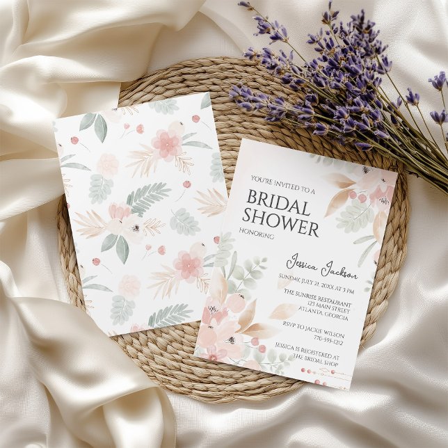 Peach and Sage Watercolor Flowers Bridal Shower Invitation (Creator Uploaded)