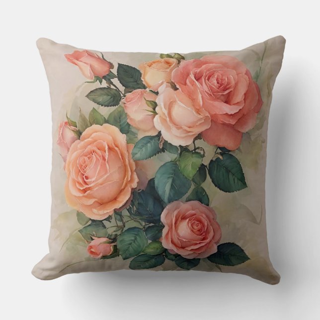 Peach and Salmon Pink floral Throw Pillow (Front)