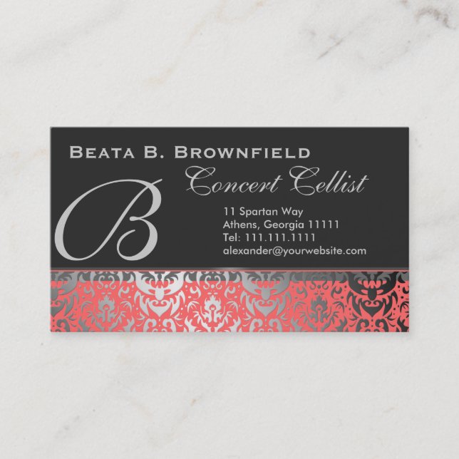 Peach and Silver Elegant Damask Pattern Business Card (Front)