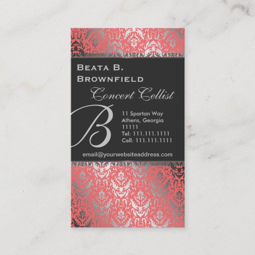 Customizable Peach and Silver Elegant Damask Pattern Business Card Templates
