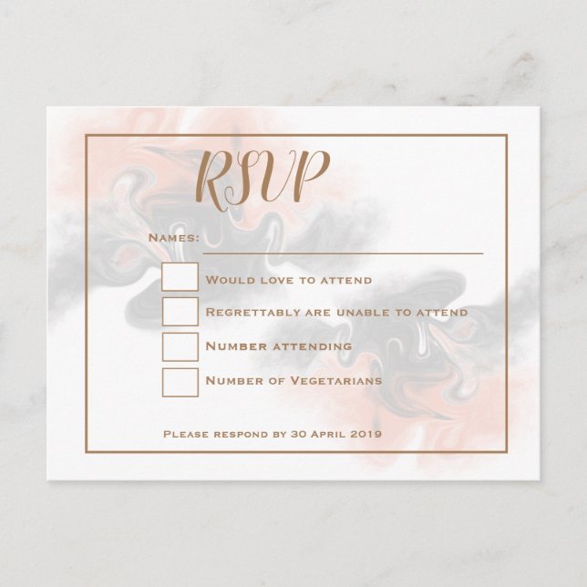 Peach and soft gray marble/Gold typography RSVP Postcard (Front)