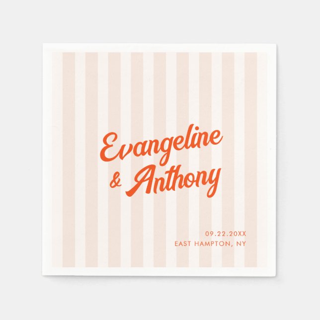 Peach and Tangerine Retro Striped Wedding Napkins (Front)