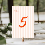 Peach and Tangerine Retro Striped Wedding Table Number<br><div class="desc">Introducing our exquisite peach and tangerine wedding table numbers, designed to add a touch of retro charm to your special day. The soft peach stripes serve as a beautiful backdrop, complemented by the vibrant tangerine retro calligraphy that adds a pop of color and sophistication. These table numbers are perfect for...</div>