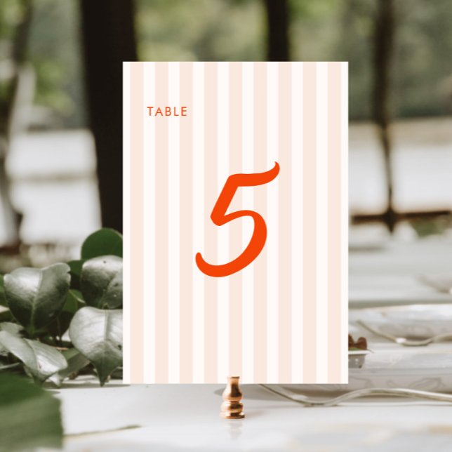 Peach and Tangerine Retro Striped Wedding Table Number (Creator Uploaded)