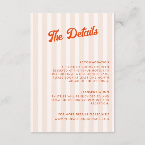 Peach and Tangerine Striped Retro Wedding Details Enclosure Card