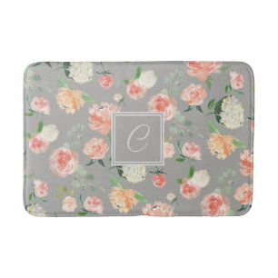 Peach and Taupe Floral Pattern with Monogram Bathroom Mat