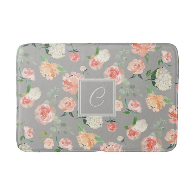 Peach and Taupe Floral Pattern with Monogram Bathroom Mat (Front)