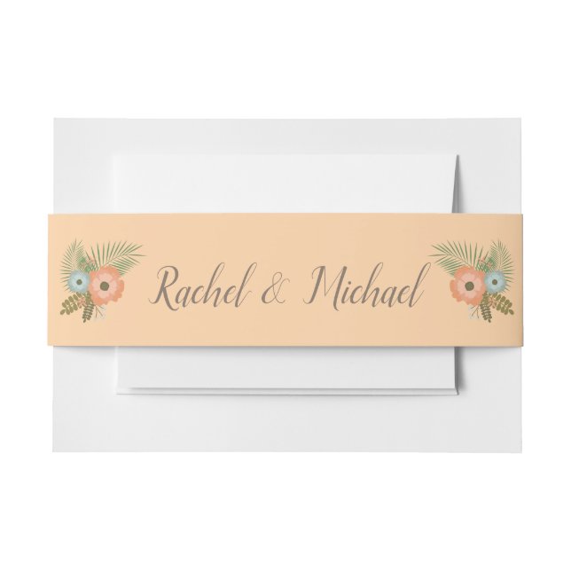Peach and Teal Beach Floral Tropical Invitation Belly Band (Front Example)