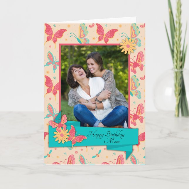 Peach and Teal Butterflies Birthday Card for Mom (Front)
