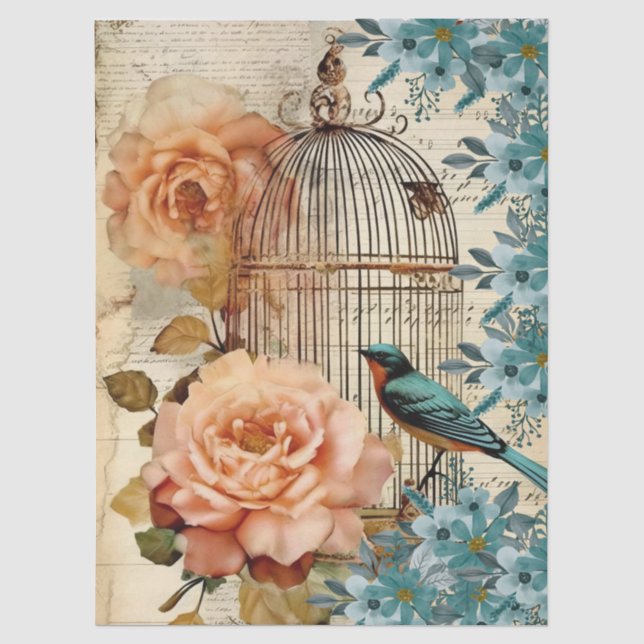 Peach and Teal Floral Bird Cage Decoupage  Tissue Paper (Front)