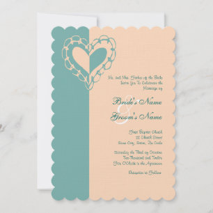Peach and Teal Heart Wedding Invitation