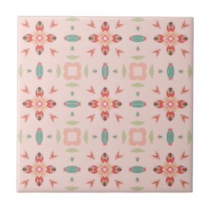 Peach and Teal Modern Floral Geometric Ceramic Tile