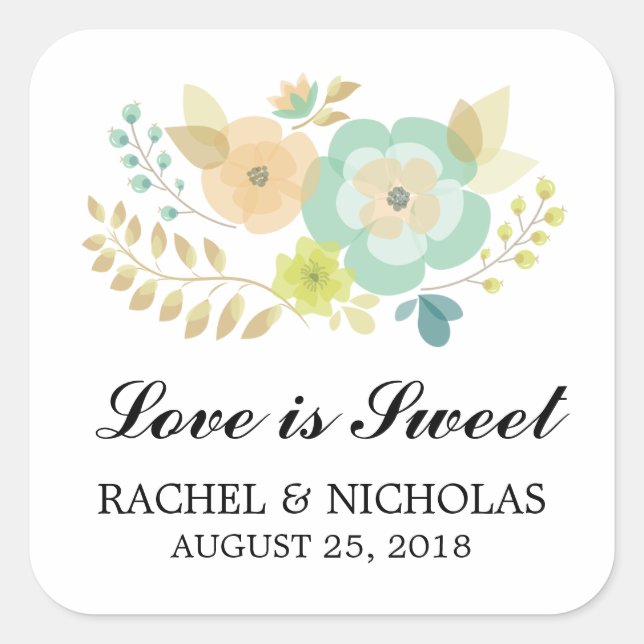 Peach and Teal Sheer Summer Flowers Favor Square Sticker (Front)