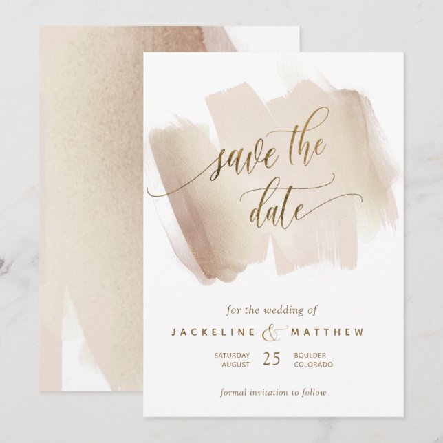 Peach and Terracotta Brush Strokes Minimal Wedding Save The Date (Front/Back)