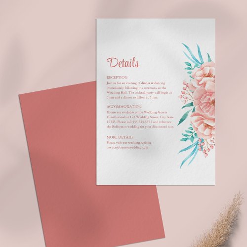 Peach and Tosca Floral Wedding Details Card
