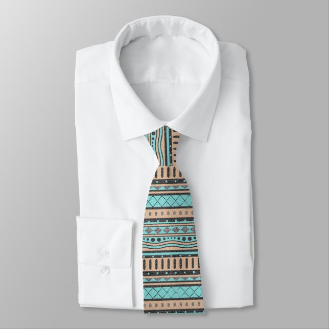 Peach And Turquoise Aztec Pattern Neck Tie (Tied)