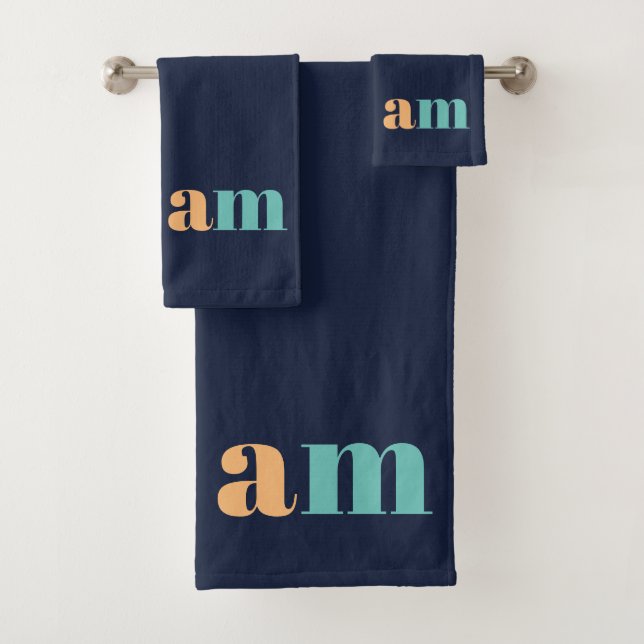 Peach and turquoise elegant monogram design bath towel set (Insitu)