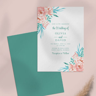 Peach and Turquoise Floral Summer Wedding Invitation