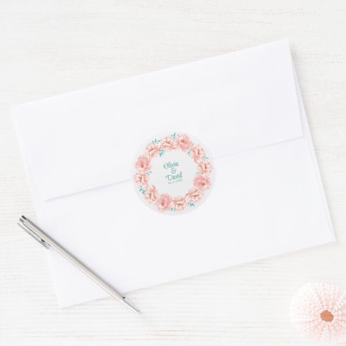 Peach and Turquoise Floral Wedding Classic Round Sticker