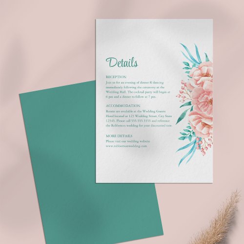 Peach and Turquoise Floral Wedding Details Card