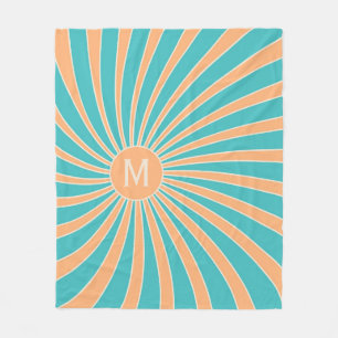 Peach and turquoise retro style sunburst design fleece blanket