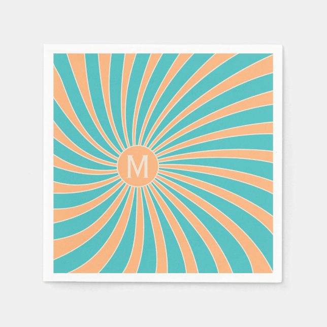 Peach and turquoise retro style sunburst design napkins (Front)