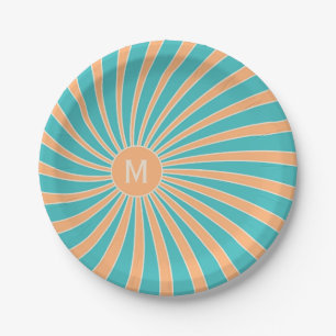 Peach and turquoise retro style sunburst design paper plates