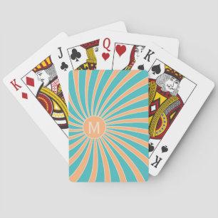 Peach and turquoise retro style sunburst design poker cards