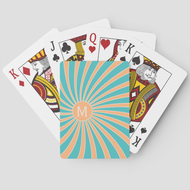 Peach and turquoise retro style sunburst design poker cards (Back)