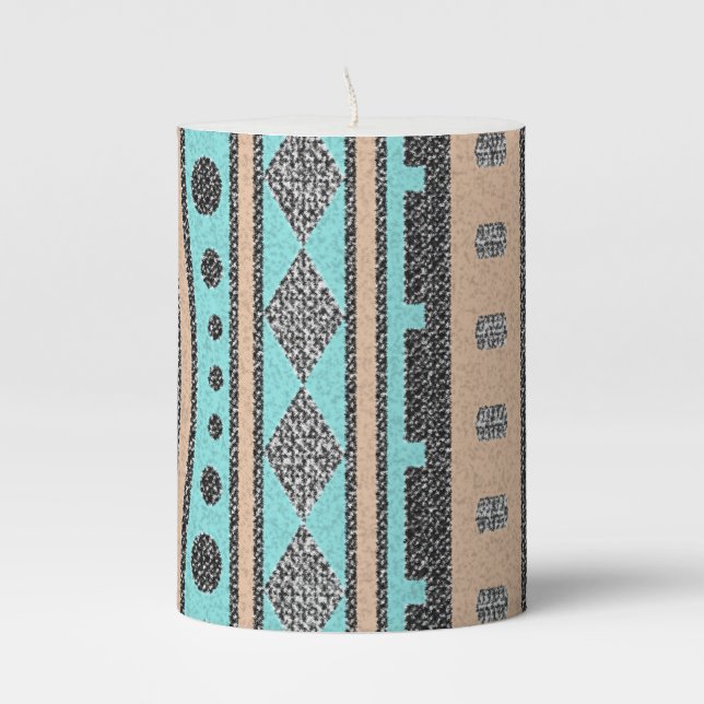 Peach And Turquoise Tribal Pattern Pillar Candle (Front)