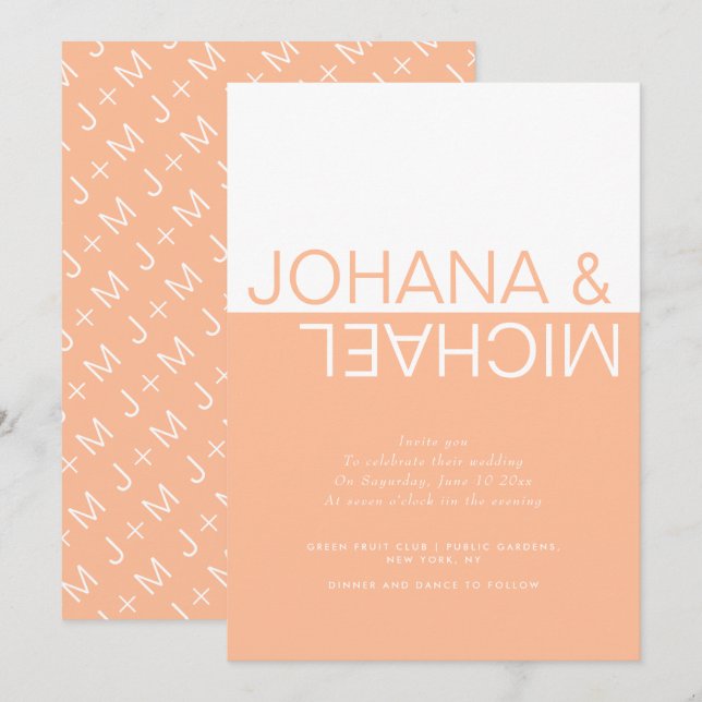 Peach and white colorblock whimsical wedding invitation (Front/Back)
