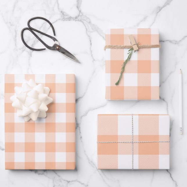 Peach and White Country Gingham Wrapping Paper Sheets (Front)