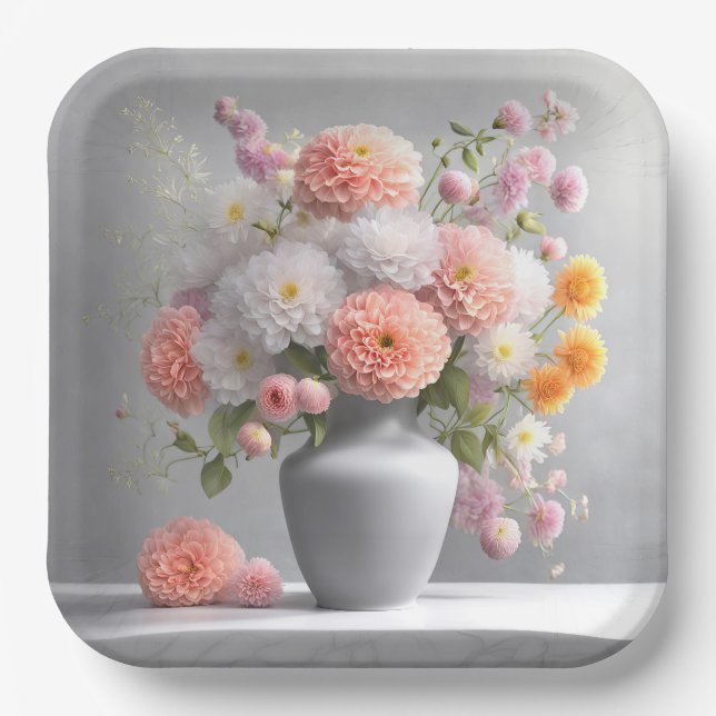 Peach and White Dahlia Bouquet Paper Plates (Front)