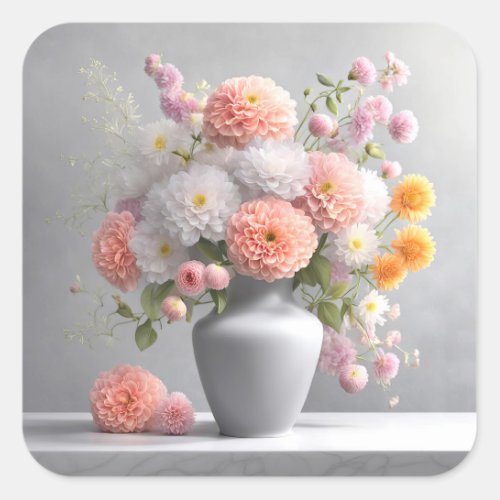 Peach and White Dahlia Bouquet Square Sticker