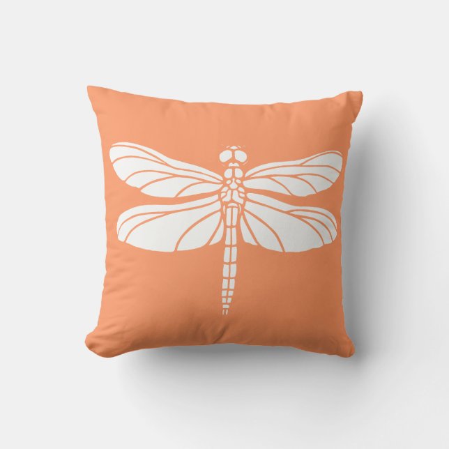 Peach and White Dragonfly Throw Pillow (Front)
