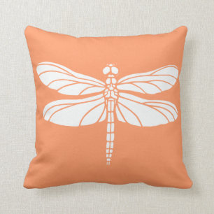 Peach and White Dragonfly Throw Pillow