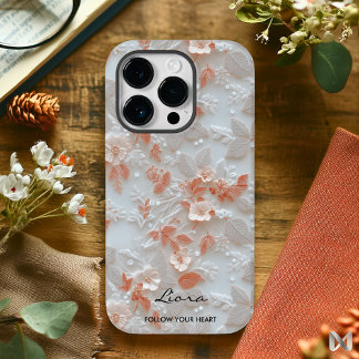 Peach and White Embossed Floral Elegance Case-Mate iPhone 14 Pro Case