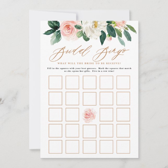 Peach and White Floral Bridal Shower Bingo Game Invitation (Front)