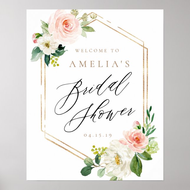 Peach and White Floral Bridal Shower Welcome Sign (Front)