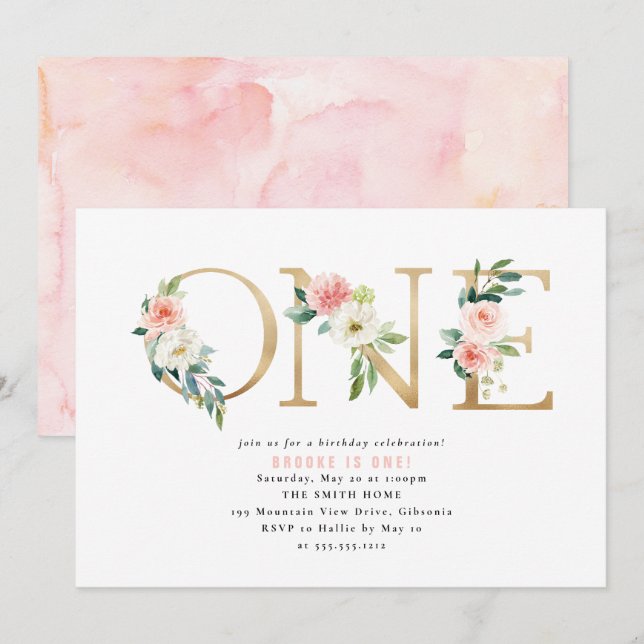 Peach and White Floral First Birthday Invitation (Front/Back)