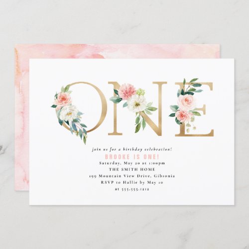 Peach and White Floral First Birthday Invitation