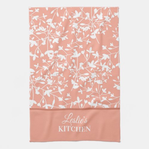 Peach and White Floral Monogrammed Kitchen Towel