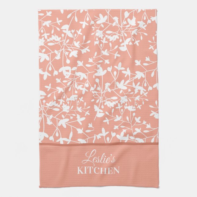 Peach and White Floral Monogrammed Kitchen Towel (Vertical)